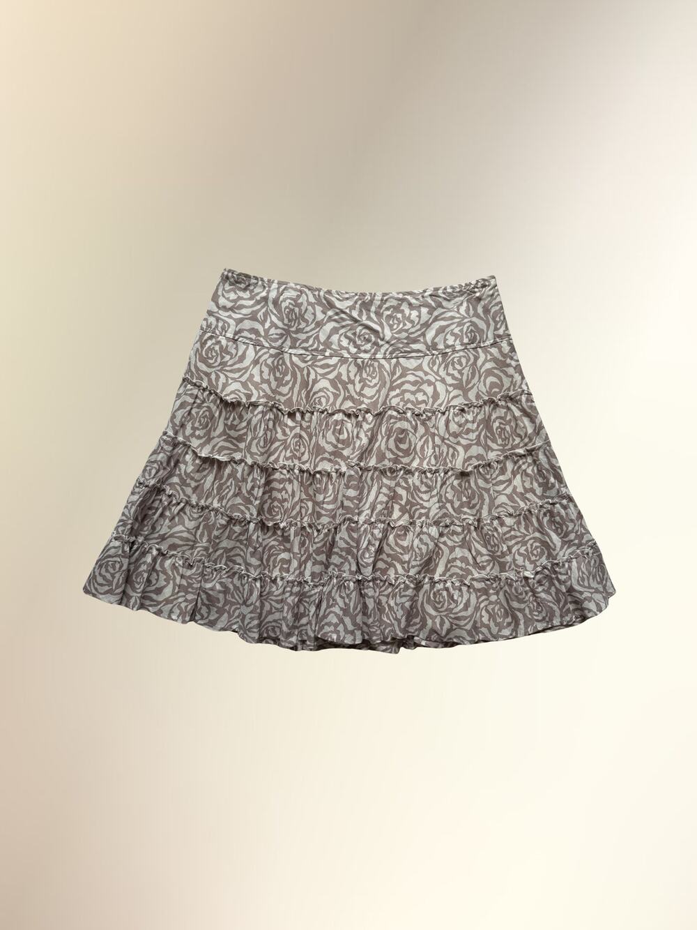 NWT INC Intl Concepts Taupe Gray Rose Print Tiered Ruffle Mini Skirt Women's 10